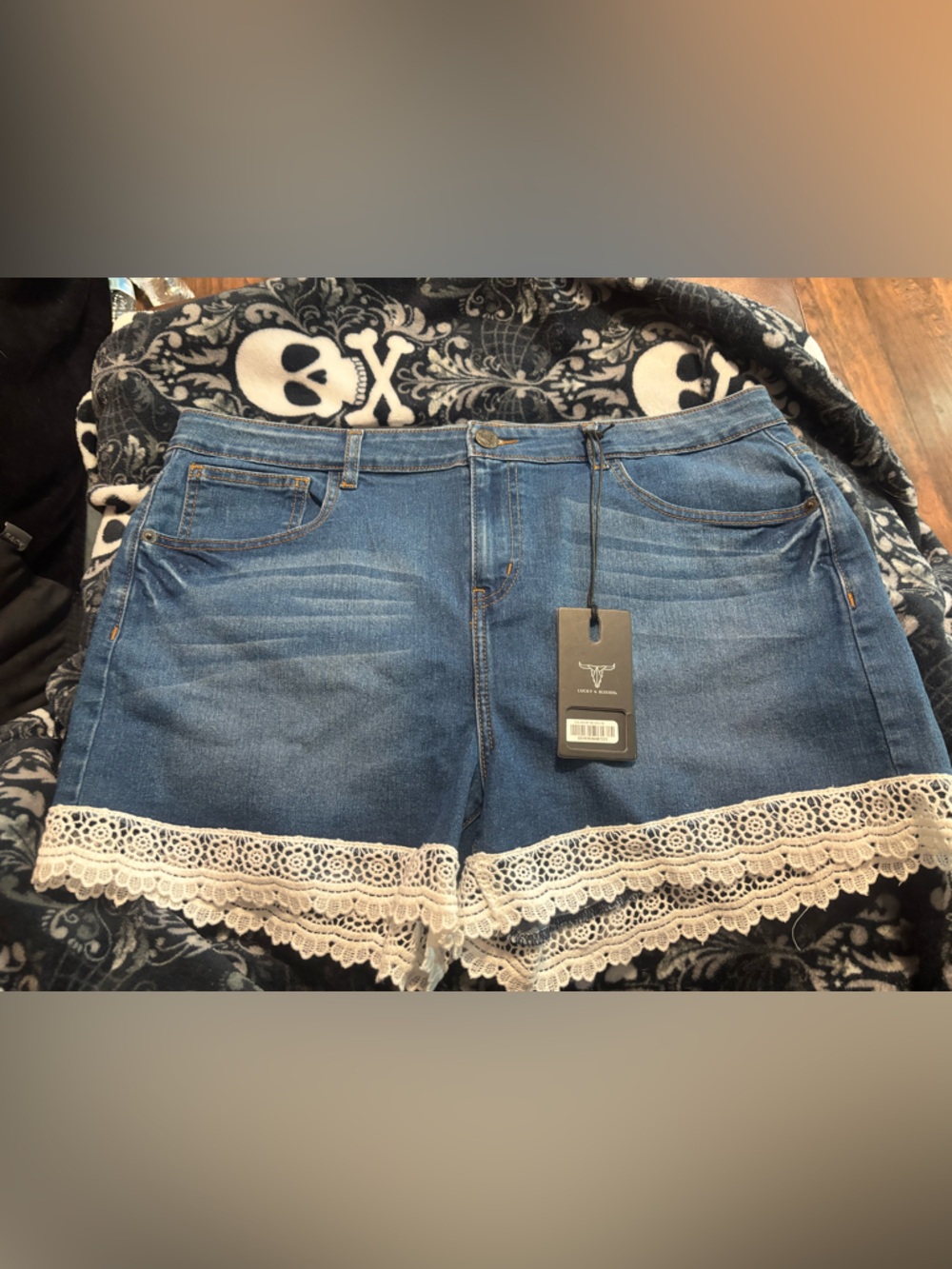 Denim Shorts with Ivory Crochet Trim